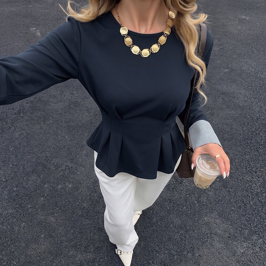 Damen Tailliertes Peplum‑Top mit Kellerfalten, Rundhalsausschnitt und Kontrastbündchen Nord Taschen