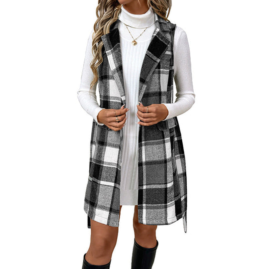 Damen Langes kariertes Mantel-Gilet mit Revers, Taillengürtel und Eingrifftaschen Nord Taschen
