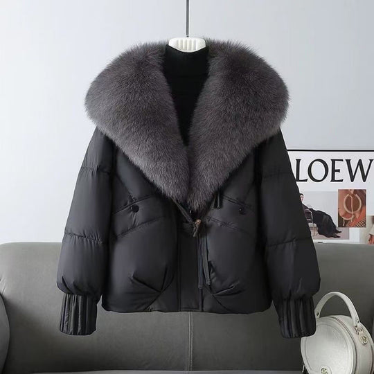 Damen nan kurze wattierte Steppjacke mit voluminösem Kunstfellkragen und Taillenzug Nord Taschen