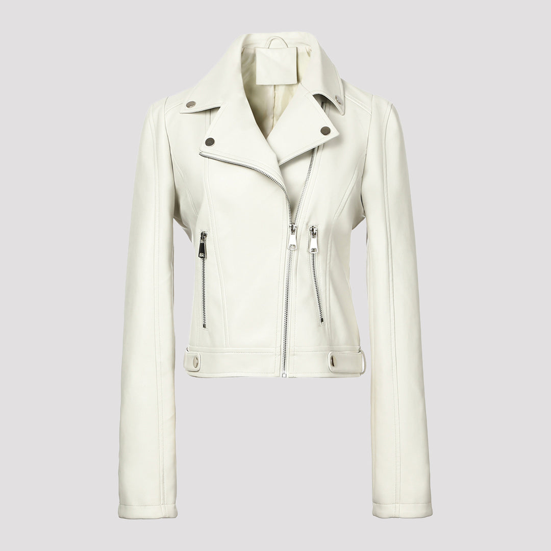 Damen Kurz geschnittene taillierte Bikerjacke aus Nappaleder mit asymmetrischem Reißverschluss Nord Taschen