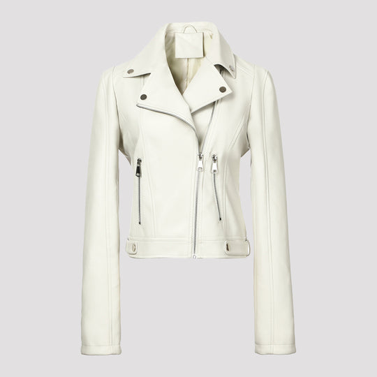 Damen Kurz geschnittene taillierte Bikerjacke aus Nappaleder mit asymmetrischem Reißverschluss Nord Taschen