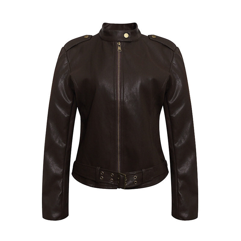 Damen Taillierte Lederoptik-Jacke mit Stehkragen, Schulterklappen und Taillengürtel Nord Taschen
