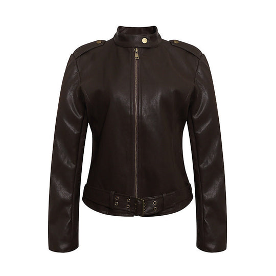 Damen Taillierte Lederoptik-Jacke mit Stehkragen, Schulterklappen und Taillengürtel Nord Taschen