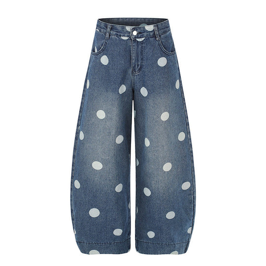 Damen Weite Jeans-Culotte im Palazzo-Stil mit hohem Bund und Punktmuster Nord Taschen