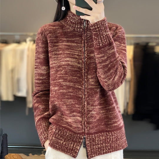 Damen Reißverschluss‑Strickjacke mit melierter Struktur und Stehkragen Nord Taschen