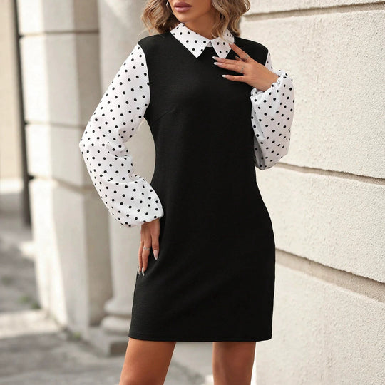 Damen Kontrastblusenkleid mit gepufften Polka-Dot-Ärmeln und Hemdkragen Nord Taschen