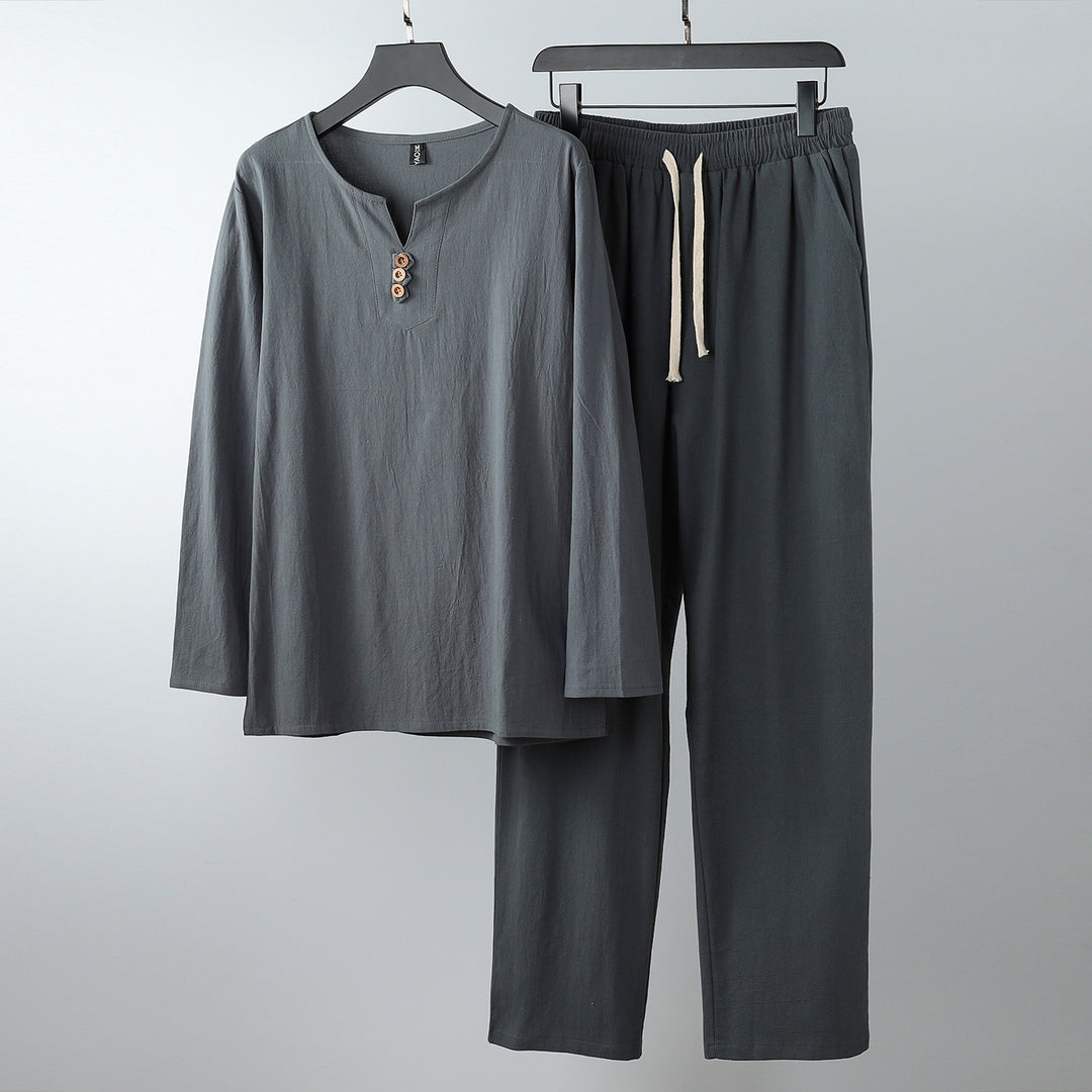 Damen Komfortables Baumwoll-Loungewear-Set mit Henley-Ausschnitt und Kordelbundhose Nord Taschen