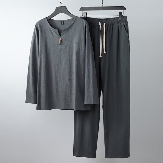 Damen Komfortables Baumwoll-Loungewear-Set mit Henley-Ausschnitt und Kordelbundhose Nord Taschen