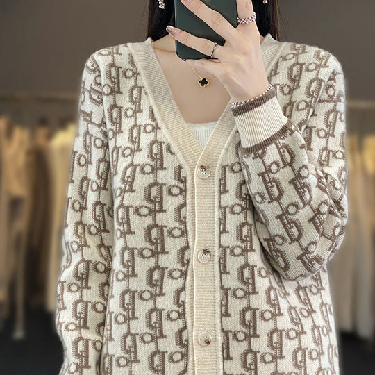 Damen Gemusterter Jacquard-Strickcardigan mit V-Ausschnitt und Perlmuttknöpfen Nord Taschen