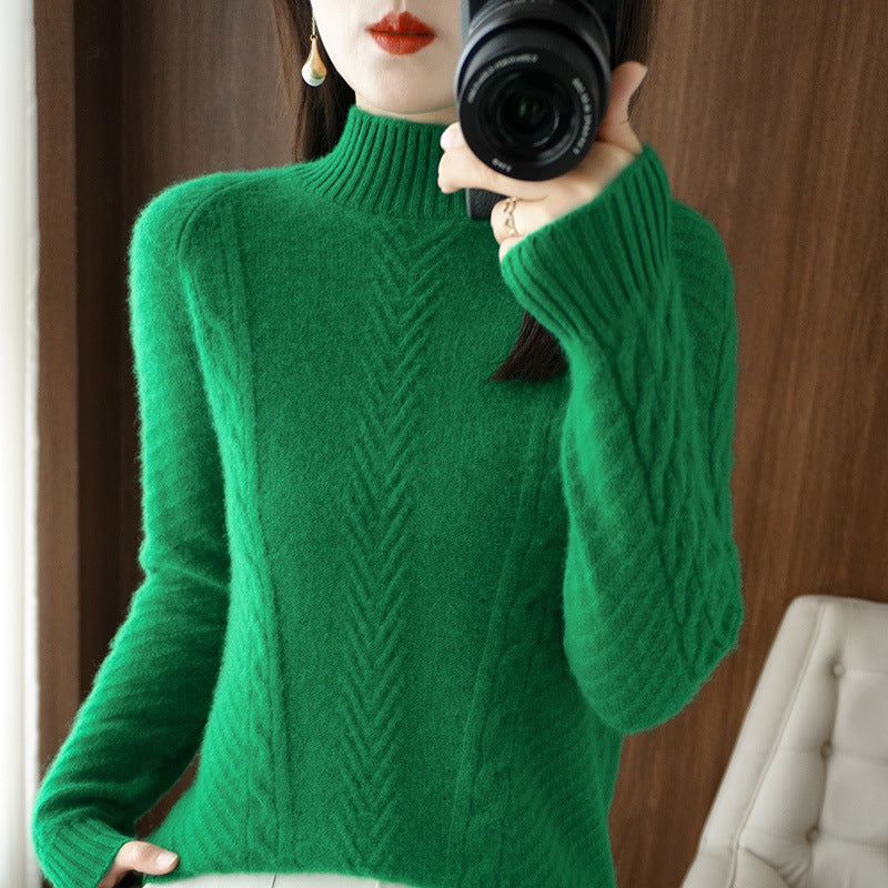 Damen Leichter Mohair‑Look Stehkragenpullover mit Zopf‑Ajour und taillierter Silhouette Nord Taschen