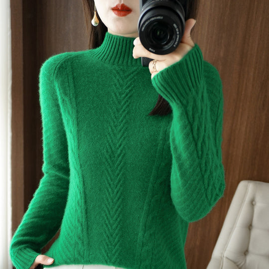 Damen Leichter Mohair‑Look Stehkragenpullover mit Zopf‑Ajour und taillierter Silhouette Nord Taschen