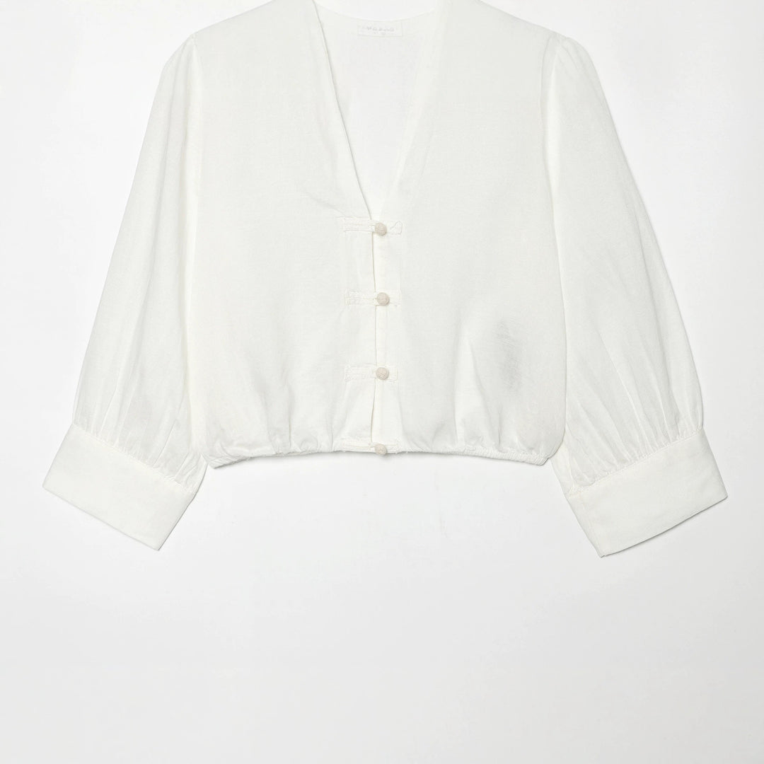 Damen Cropped-Bluse im Tai-Chi-Stil mit Stehkragen, Knotenverschlüssen und Ballonärmeln Nord Taschen