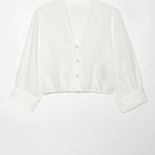 Damen Cropped-Bluse im Tai-Chi-Stil mit Stehkragen, Knotenverschlüssen und Ballonärmeln Nord Taschen