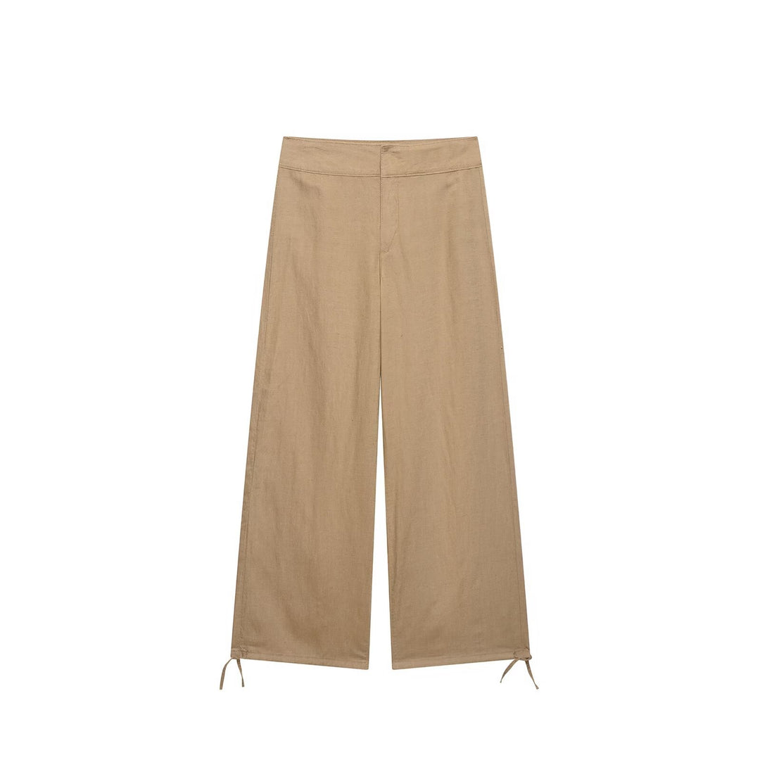 Damen Hochtaillierte Leinen-Mix Weite Hose mit Tunnelzug-Bund und Kordel-Saum Nord Taschen