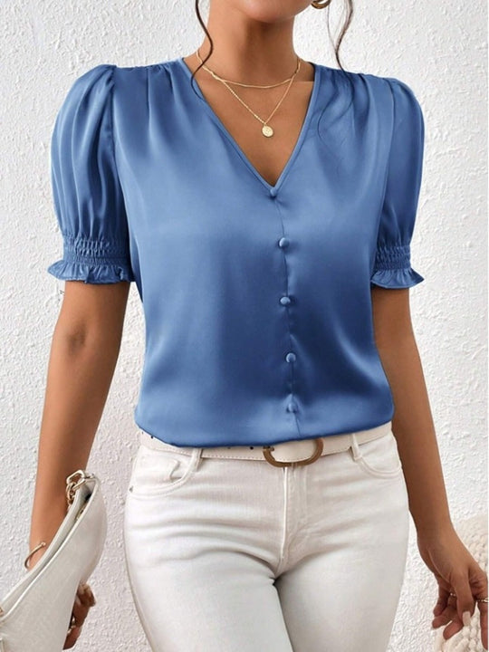Damen Satinbluse mit Puffärmeln und eleganter Knopfleiste