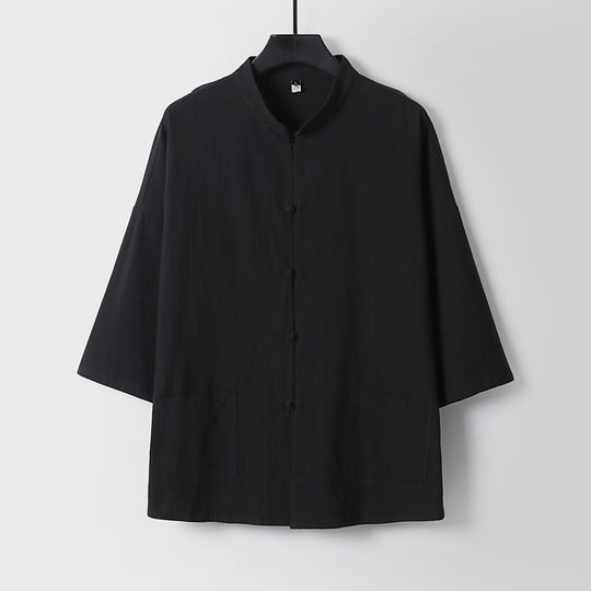 Unisex Locker geschnittene Leinen-Baumwoll Jacke mit Stehkragen Nord Taschen