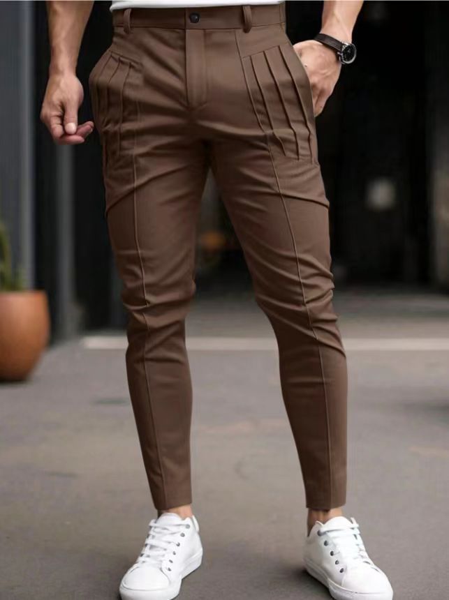 Herren schmale Bundfalten-Chino mit dekorativen Längsfalten und tapered Bein Nord Taschen