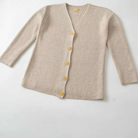 Damen Longline-Strickcardigan mit V-Ausschnitt und durchgehender Knopfleiste Nord Taschen