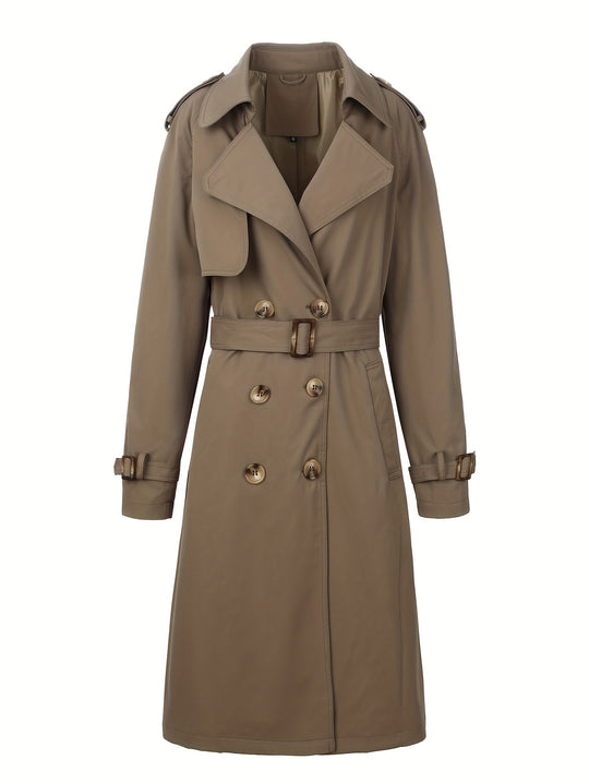 Damen Langer Doppelreihiger Trenchcoat mit Taillengürtel und Epauletten Nord Taschen