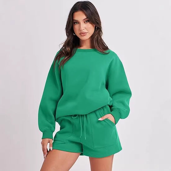 Damen Lässiges zweiteiliges Lounge-Sweatset mit Oversize-Rundhals-Sweatshirt und High-Waist-Relax-Shorts Nord Taschen