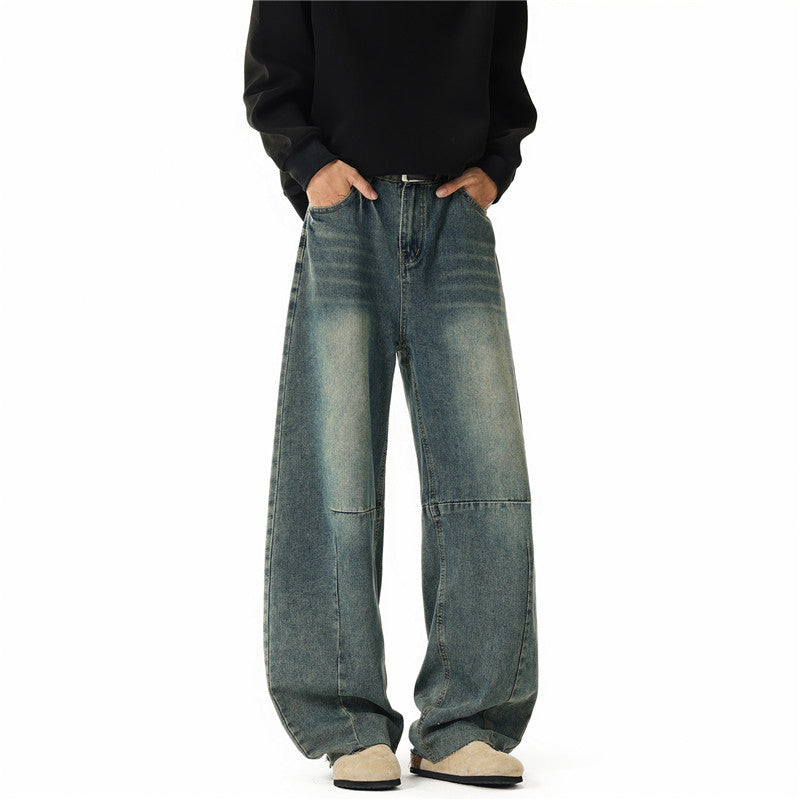 Herren Weit geschnittene Baggy-Jeans mit hoher Bundhöhe, Knie‑Abnähern und Used‑Waschung Nord Taschen