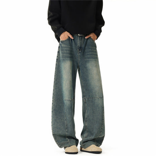 Herren Weit geschnittene Baggy-Jeans mit hoher Bundhöhe, Knie‑Abnähern und Used‑Waschung Nord Taschen