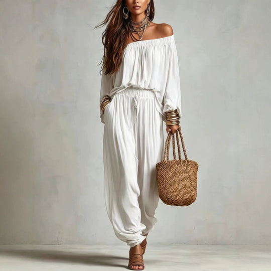 Damen Off-Shoulder Jumpsuit mit elastischem Taillenbund und weitem Plissee-Hosenbein Nord Taschen
