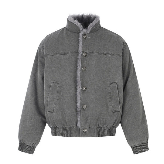 Damen gefütterte Denim-Bomberjacke mit Teddykragen und elastischem Saum Nord Taschen