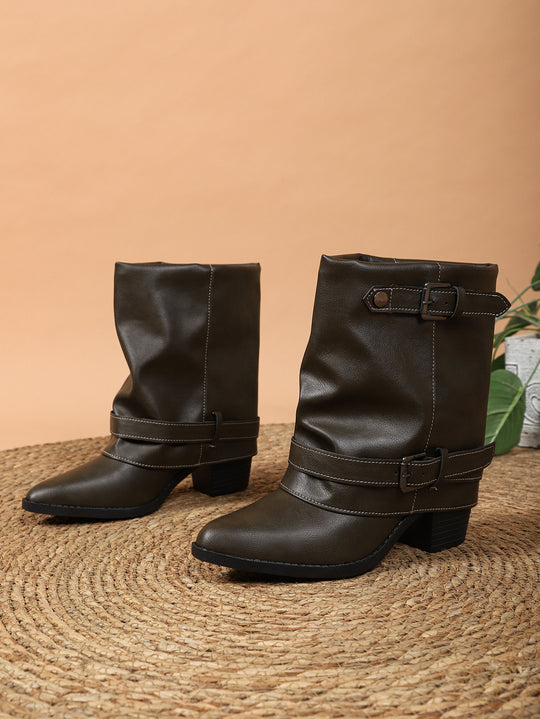 Damen halbhohe Stiefel mit dekorativen Schnallenriemen und Blockabsatz Nord Taschen