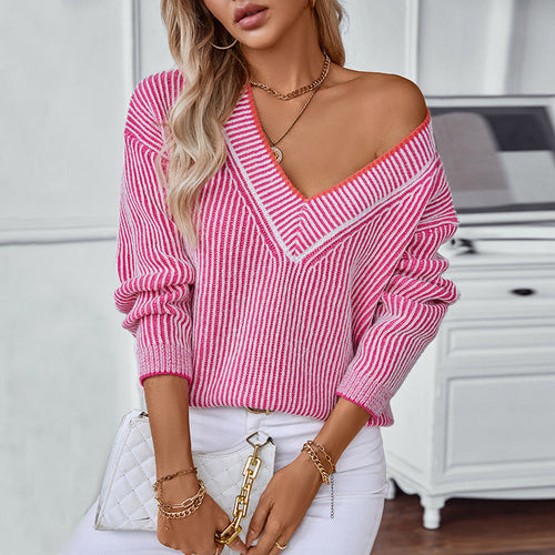 Damen Strickpullover mit V-Ausschnitt und gestreiftem Design Nord Taschen