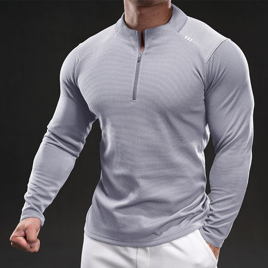 Herren Slim-Fit Sportliches Langarm-Trainingsshirt mit Halb-Reißverschluss und Strukturgewebe Nord Taschen