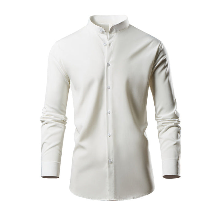 Herren elegantes Langarmhemd mit stehendem Kragen und modernen Knopfdetails
