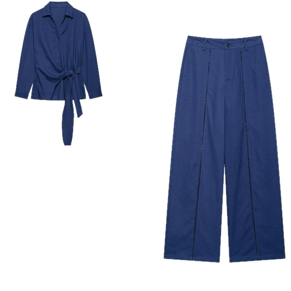 Damen Zweiteiliges Ensemble aus Wickelbluse mit Taillenschleife und weit geschnittener Leinenhose mit Zierstreifen Nord Taschen