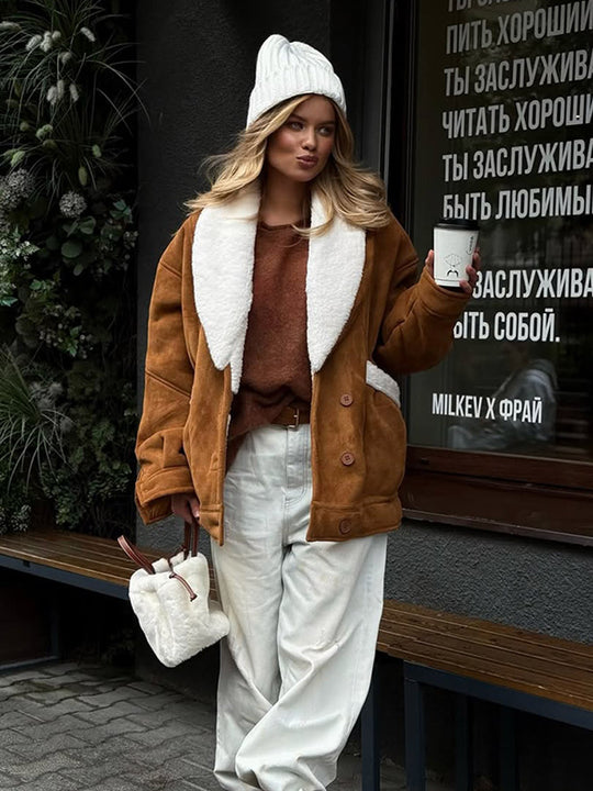 Damen Oversized Lammfellimitat Jacke mit großem Schalkragen Nord Taschen