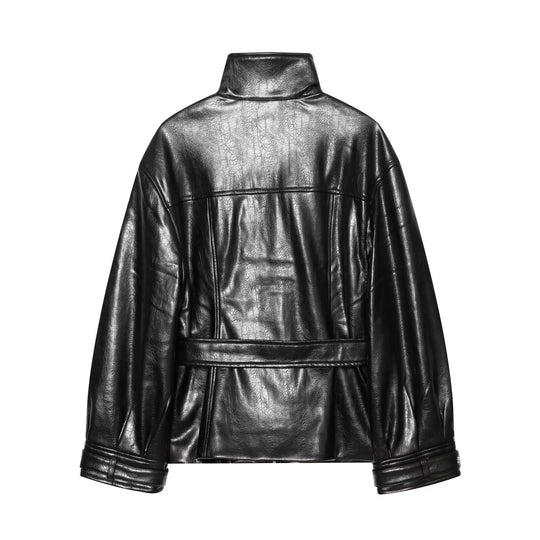 Damen Kurzblouson aus Glattlederoptik mit Bindegürtel und hohem Stehkragen Nord Taschen