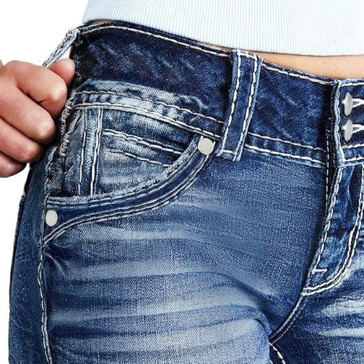 Damen Hochbund-Bootcut-Jeans mit formendem Bund und sichtbarer Knopfleiste Nord Taschen