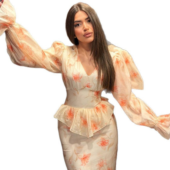 Damen Midaxi-Kleid mit Schößchen, V-Ausschnitt und voluminösen Puffärmeln Nord Taschen