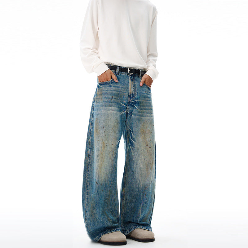 Herren Ultraweite Denim-Baggyhose im Vintage-Look mit Farbpatina und tiefem Schritt Nord Taschen