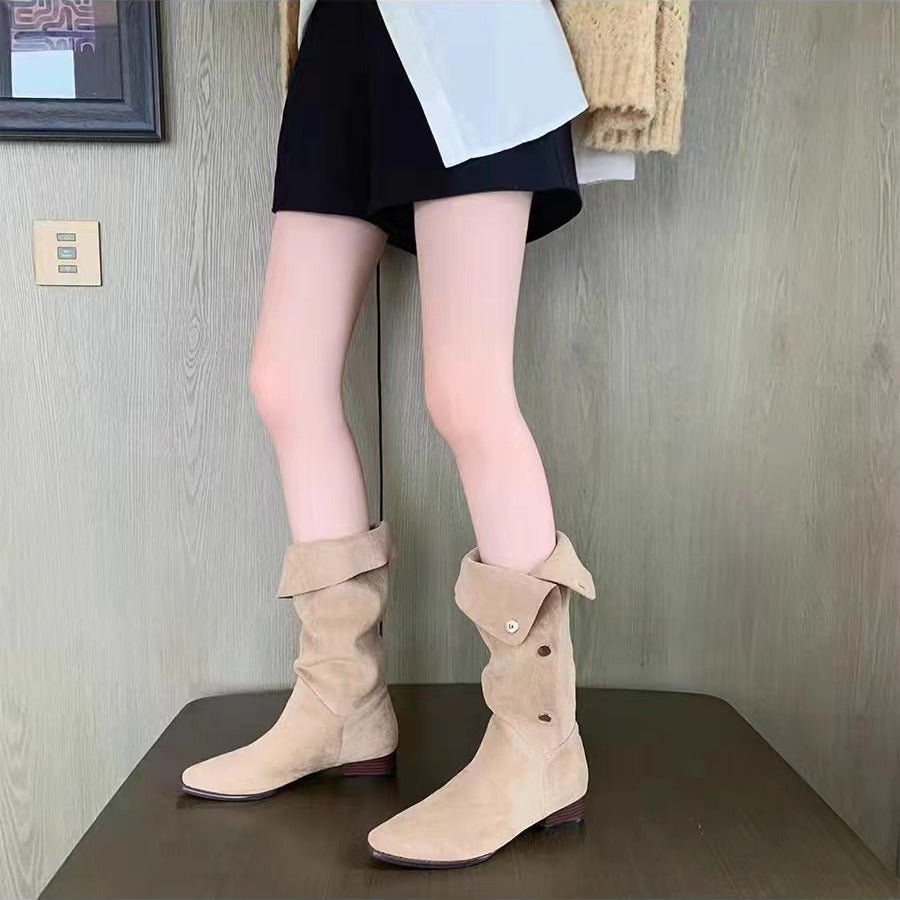Damen Wadenhohe Velourslederstiefel mit umklappbarer Manschette und spitzer Kappe Nord Taschen