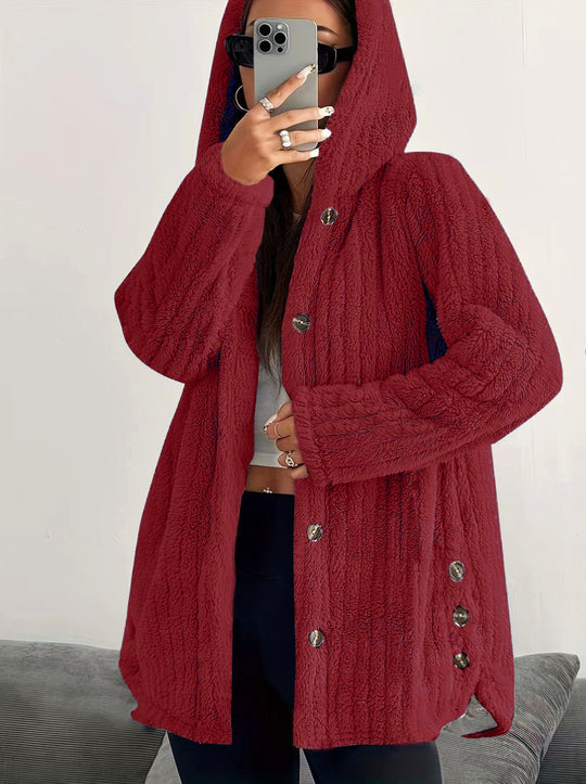 Damen Kapuzen-Teddy-Mantel mit Knopfleiste und Oversize-Schnitt Nord Taschen