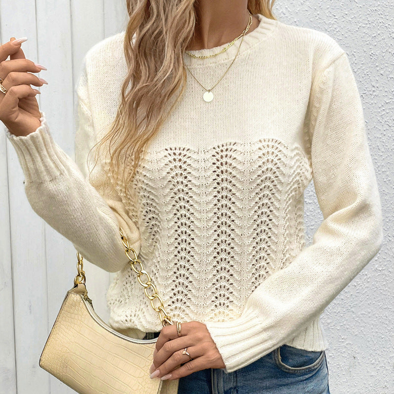 Damen Ajourgestrickter Pullover mit Wellenmuster, Rundhalsausschnitt und elastischen Bündchen Nord Taschen