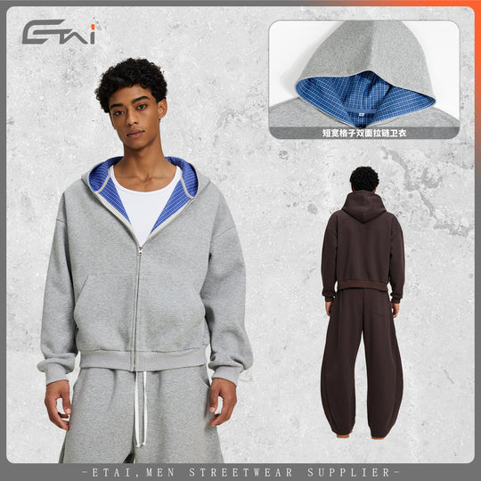 Unisex Kurz geschnittene Oversize-Kapuzenjacke mit durchgehendem Reißverschluss, kariert gefütterter Kapuze und Kängurutasche Nord Taschen