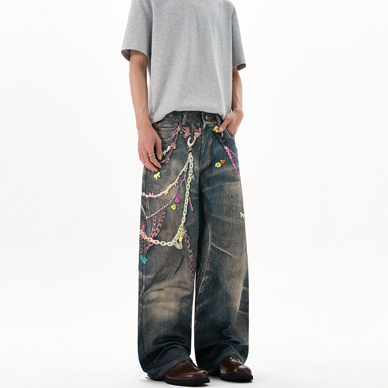 Herren Baggy-Denim-Jeans mit handbemaltem Kettenprint und Applikationen Nord Taschen