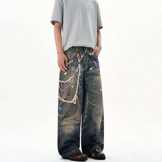 Herren Baggy-Denim-Jeans mit handbemaltem Kettenprint und Applikationen Nord Taschen