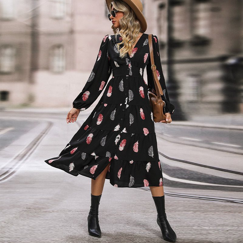 Damen Langarm Kleid mit Federprint Nord Taschen