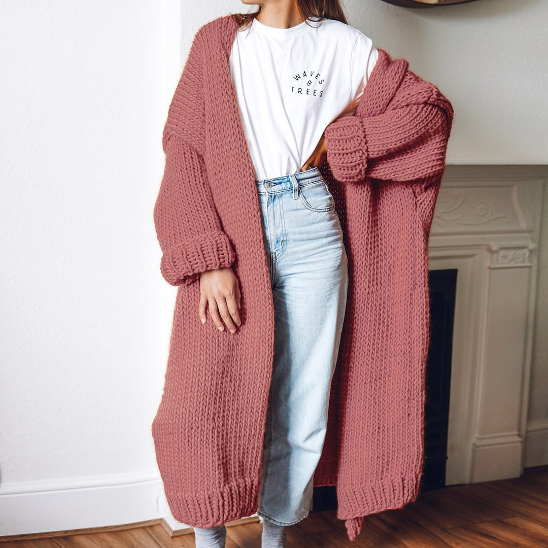 Damen Oversize Maxi Grobstrick-Cardigan mit offener Front und voluminösen Ärmeln Nord Taschen