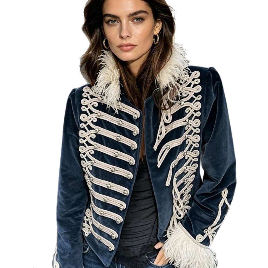 Damen Samt‑Militärjacke mit Zierriegeln und Federbesatz Nord Taschen