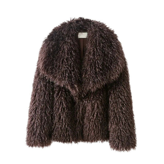Damen Kurzjacke aus langflorigem Kunstpelz mit voluminösem Schalkragen Nord Taschen