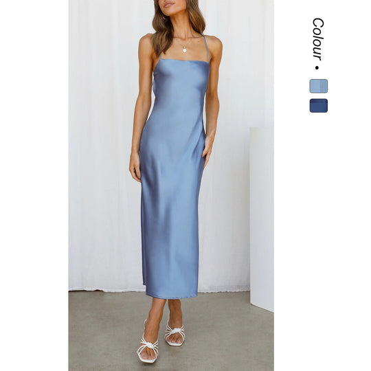 Damen Satin Maxikleid mit Spaghetti-Trägern und elegantem Schnitt Nord Taschen