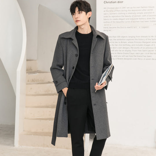 Herren Longcoat aus Wollmix mit verdeckter Knopfleiste Taillengürtel und klassischem Revers Nord Taschen